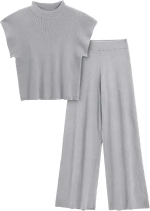 Imily Bela Women's 2 Piece Outfits Sweater Knit Sets Mock Neck Short Sleeve Tops Wide Leg Pants Casual Tracksuit
