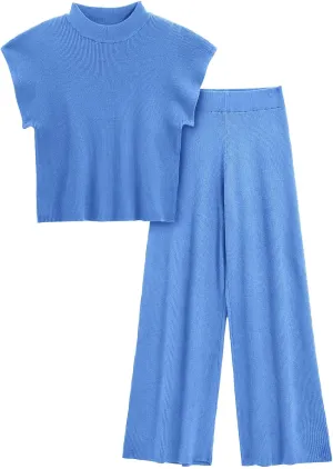 Imily Bela Women's 2 Piece Outfits Sweater Knit Sets Mock Neck Short Sleeve Tops Wide Leg Pants Casual Tracksuit