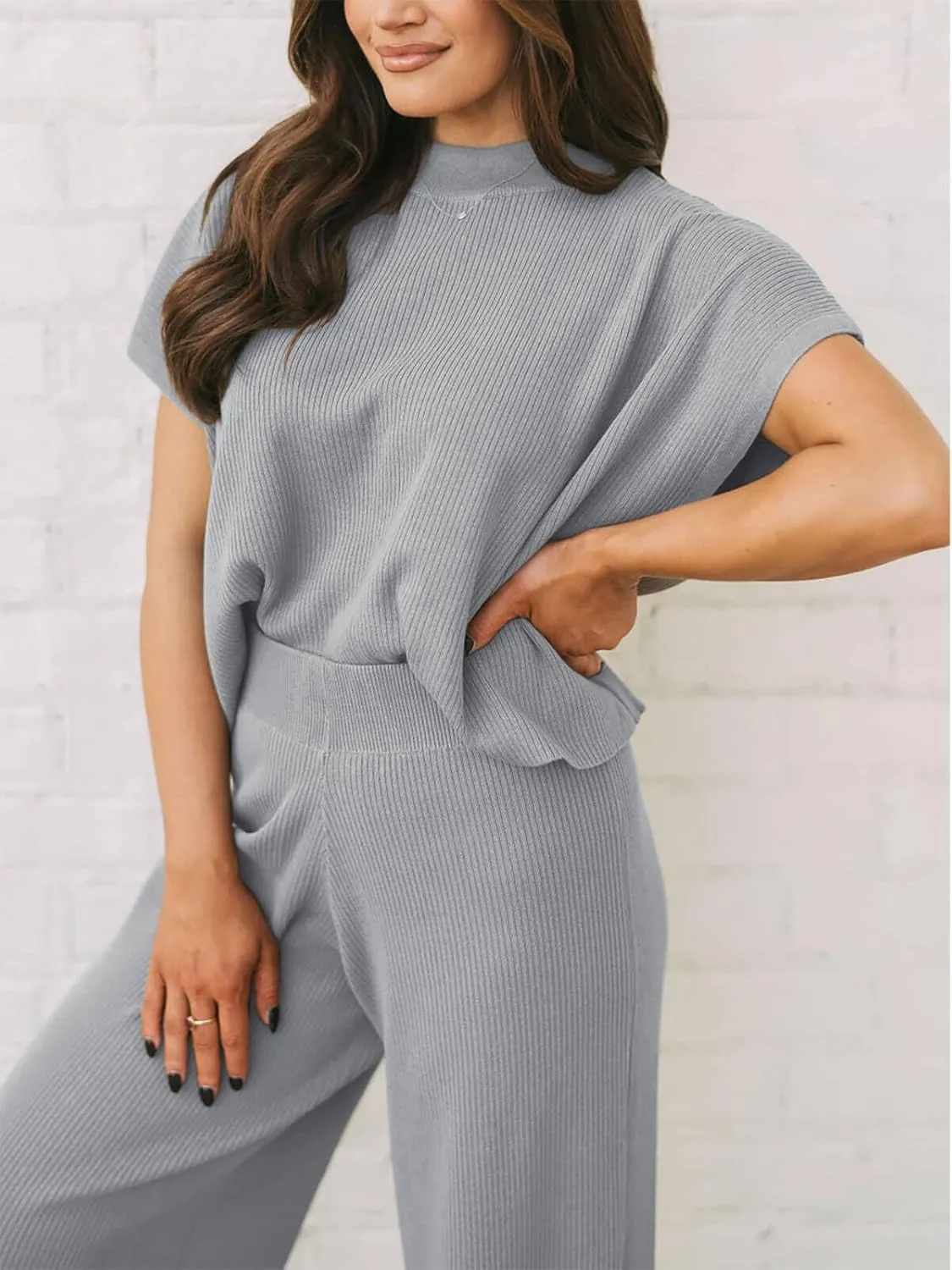 Imily Bela Women's 2 Piece Outfits Sweater Knit Sets Mock Neck Short Sleeve Tops Wide Leg Pants Casual Tracksuit