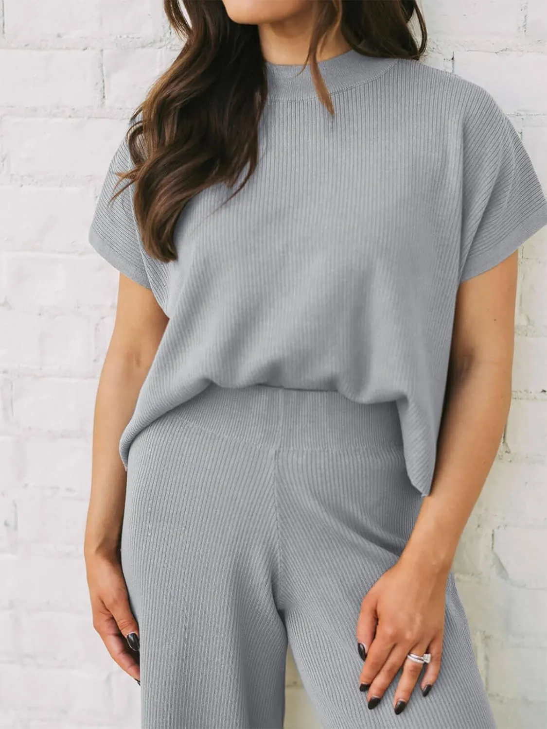 Imily Bela Women's 2 Piece Outfits Sweater Knit Sets Mock Neck Short Sleeve Tops Wide Leg Pants Casual Tracksuit