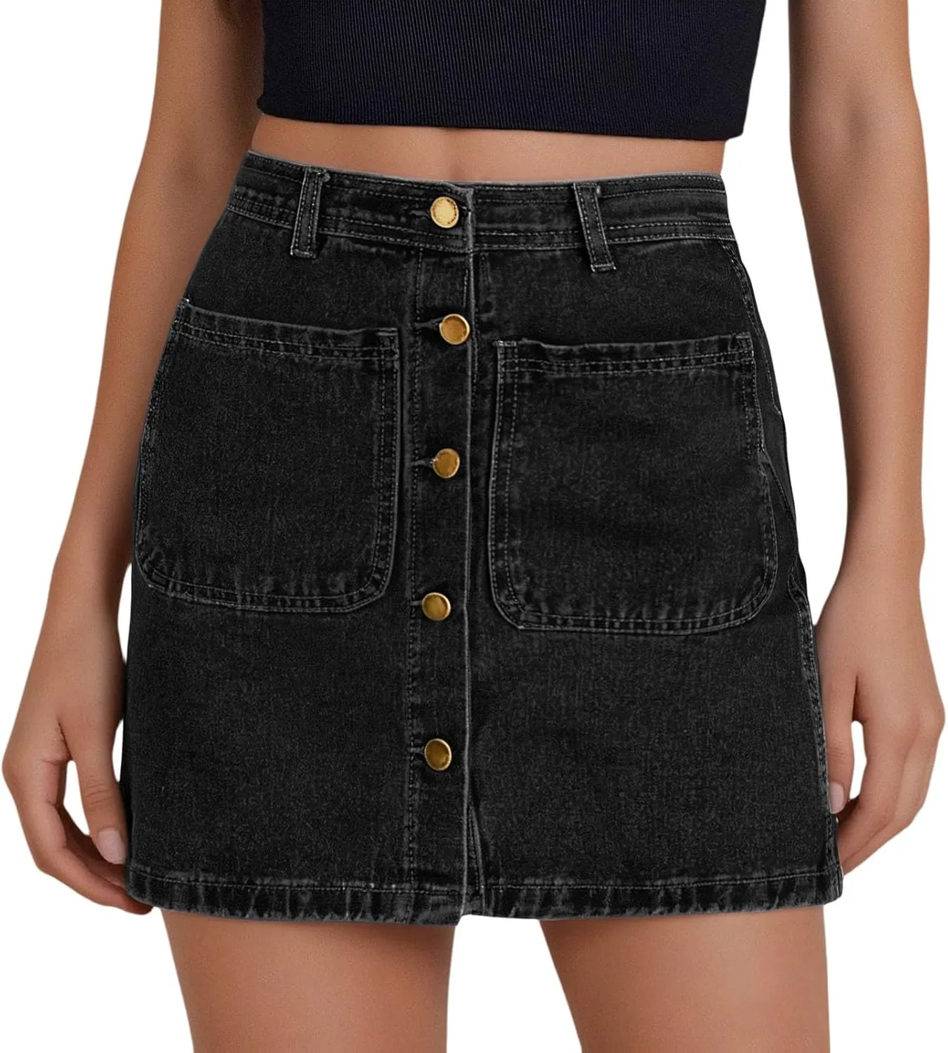 Jean Skirts for Women Denim High Waisted Trendy Stretchy Mini Button Front Short Pencil Skirt with Patch Pockets