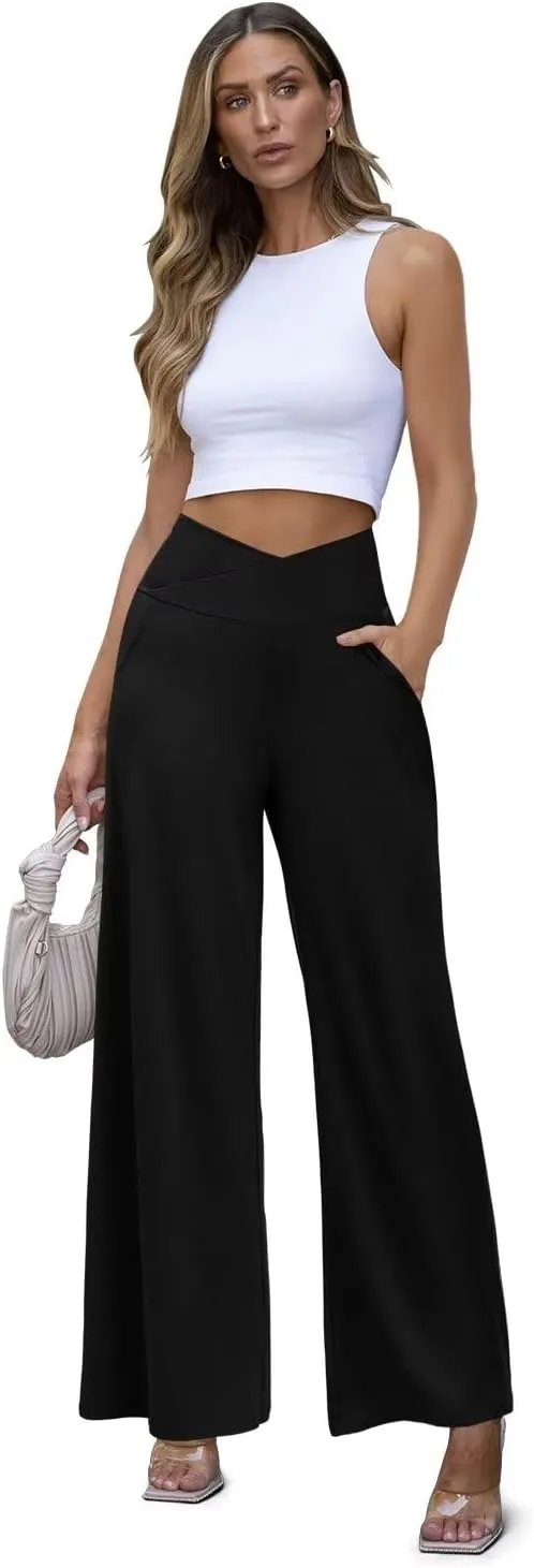 JZC Women's Wide Leg Casual Pants Cross Waist Palazzo Lounge Pajama Flowy Pants Yoga Sweatpants with Pockets