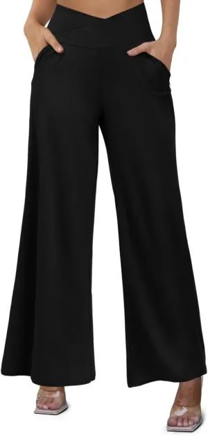 JZC Women's Wide Leg Casual Pants Cross Waist Palazzo Lounge Pajama Flowy Pants Yoga Sweatpants with Pockets