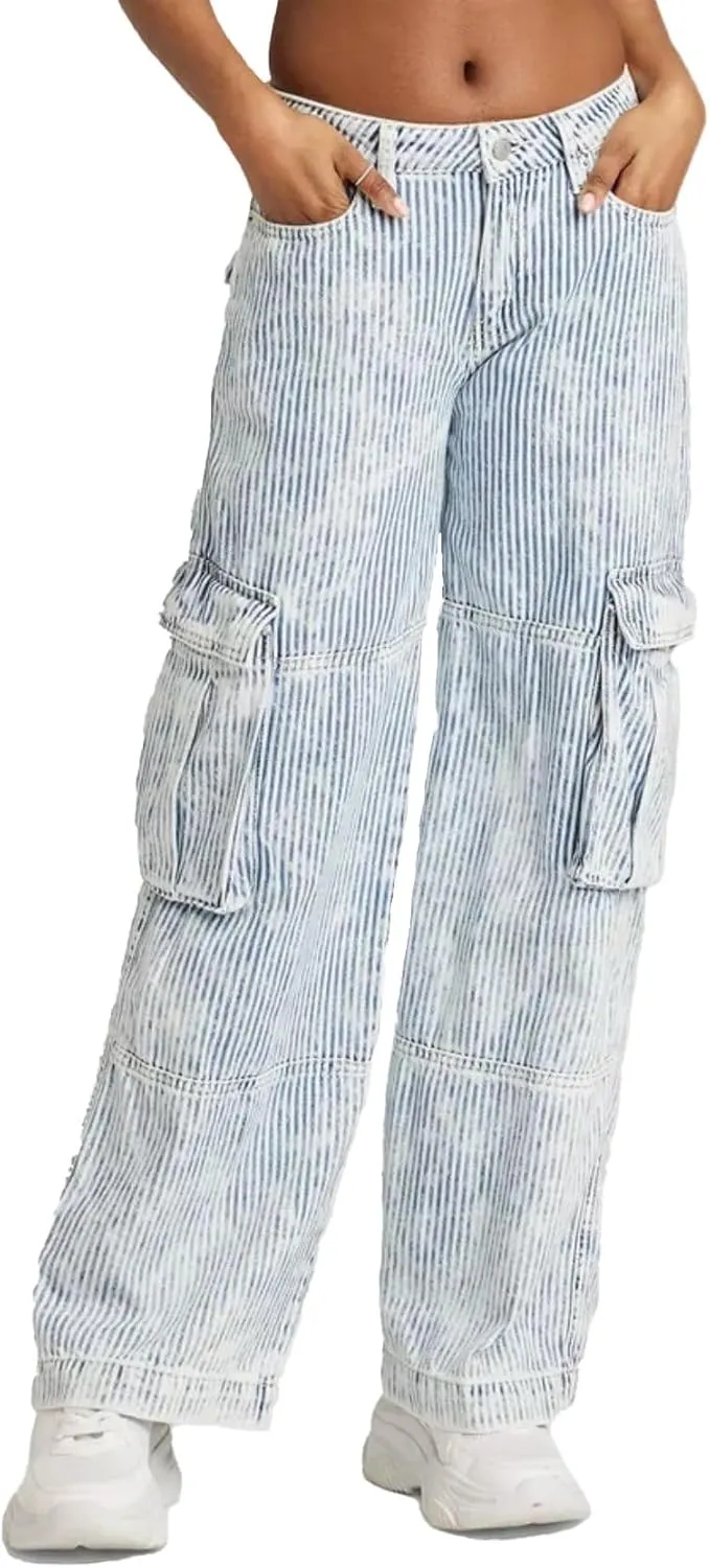 Kedera Women's Stripe Cargo Jeans High Rise Baggy Pants Straight Leg Casual Y2K Pants Boyfriend with Pockets