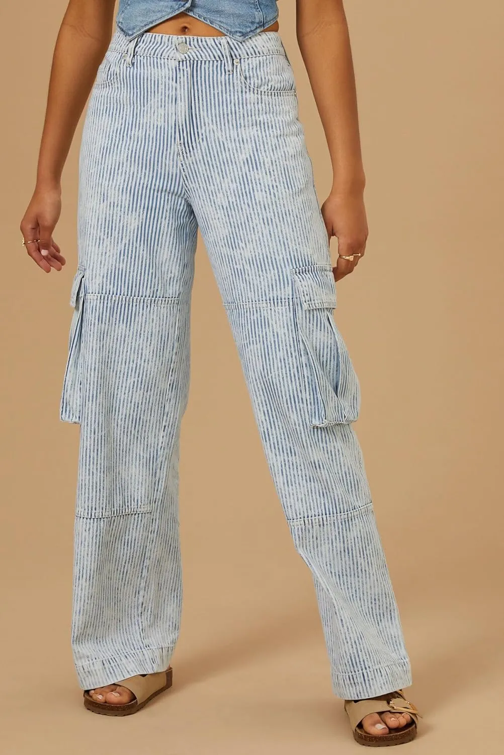 Kedera Women's Stripe Cargo Jeans High Rise Baggy Pants Straight Leg Casual Y2K Pants Boyfriend with Pockets
