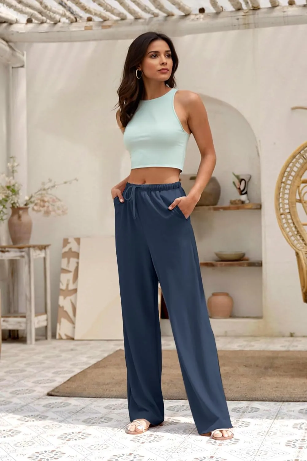 keriffe Women's Wide Leg Casual Palazzo Pants High Waist Summer Flowy Beach Pants Dress Trousers with Pocekts