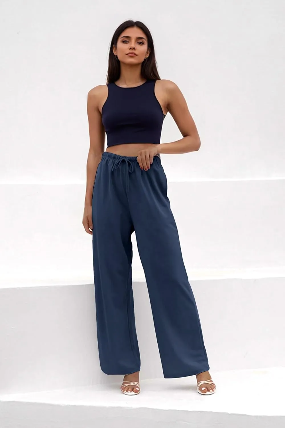 keriffe Women's Wide Leg Casual Palazzo Pants High Waist Summer Flowy Beach Pants Dress Trousers with Pocekts