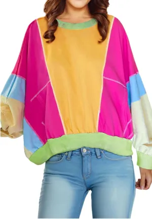 KevaMolly Womens Long Sleeve Tops Colorblock Patchwork Exposed Stitching Oversize Top Round Neck Casual Pullover