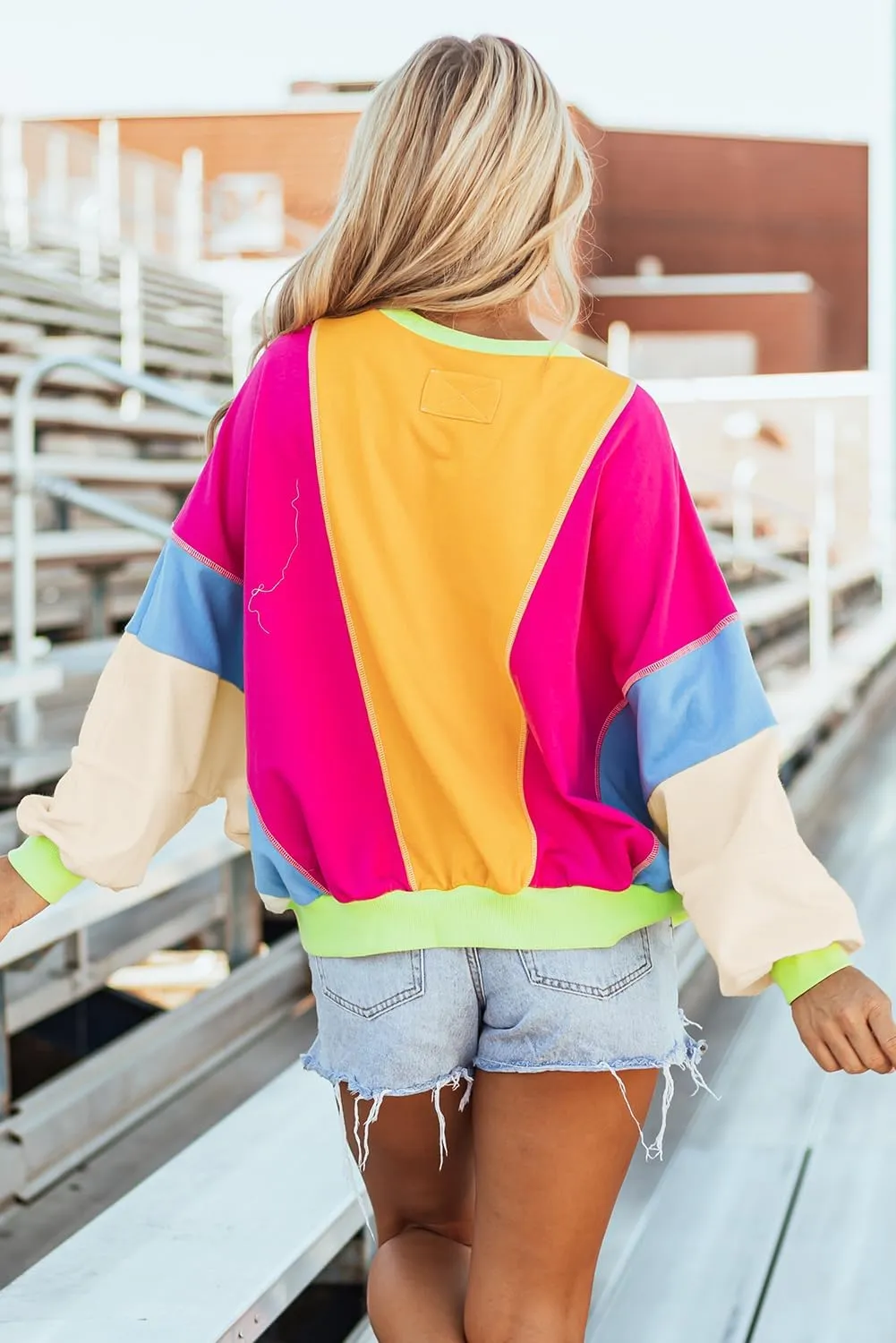 KevaMolly Womens Long Sleeve Tops Colorblock Patchwork Exposed Stitching Oversize Top Round Neck Casual Pullover