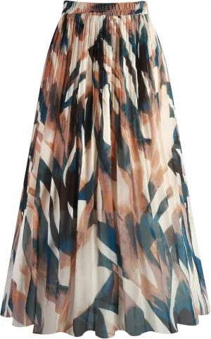 Kingfancy Women's Pleated Skirt Chiffon Elastic Waist A-Line Midi Length Skirt