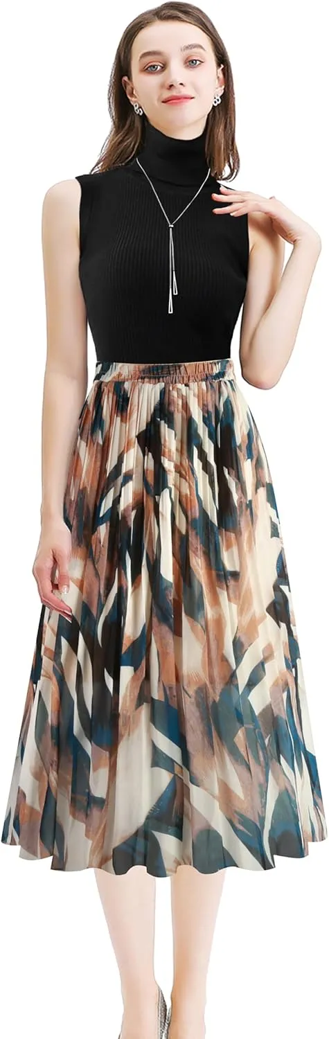 Kingfancy Women's Pleated Skirt Chiffon Elastic Waist A-Line Midi Length Skirt