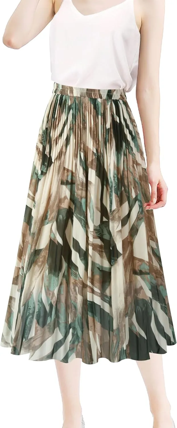 Kingfancy Women's Pleated Skirt Chiffon Elastic Waist A-Line Midi Length Skirt