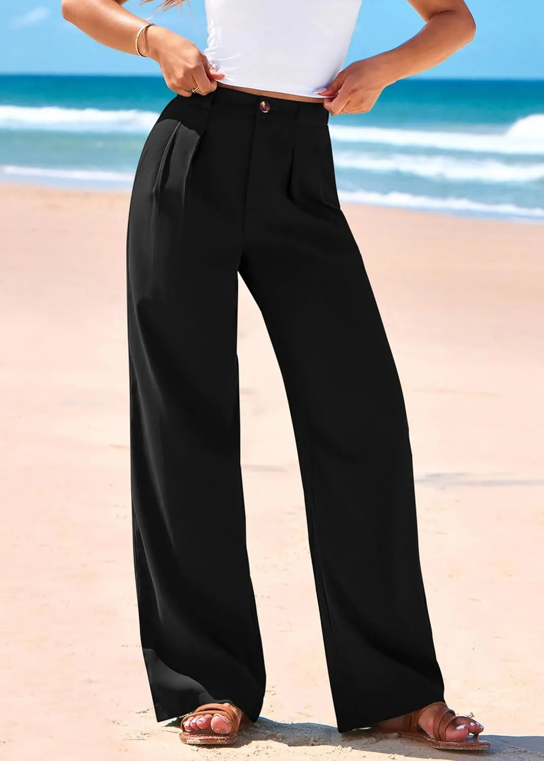KIRUNDO Wide Leg Dress Pants for Women High Waisted Office Work Trousers Business Casual Slacks Button Flowy Palazzo Pant