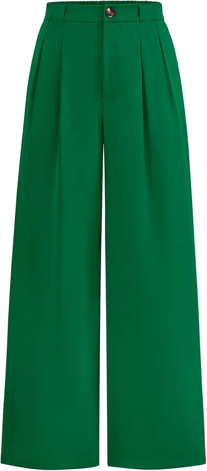 KIRUNDO Wide Leg Dress Pants for Women High Waisted Office Work Trousers Business Casual Slacks Button Flowy Palazzo Pant