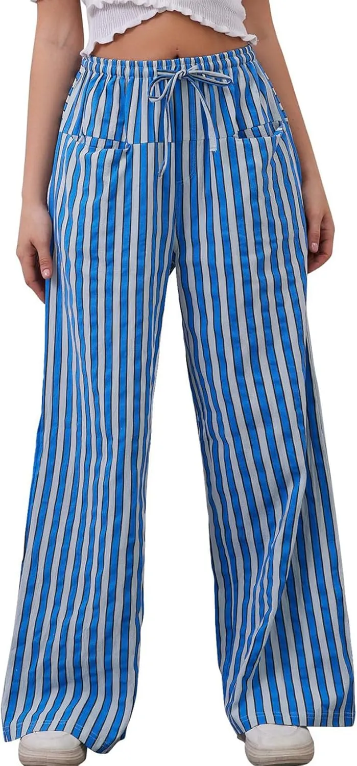 Kissonic Women Striped Pants Casual Drawstring Wide Leg Trousers Loose Lounge Pajama Pants with Pockets