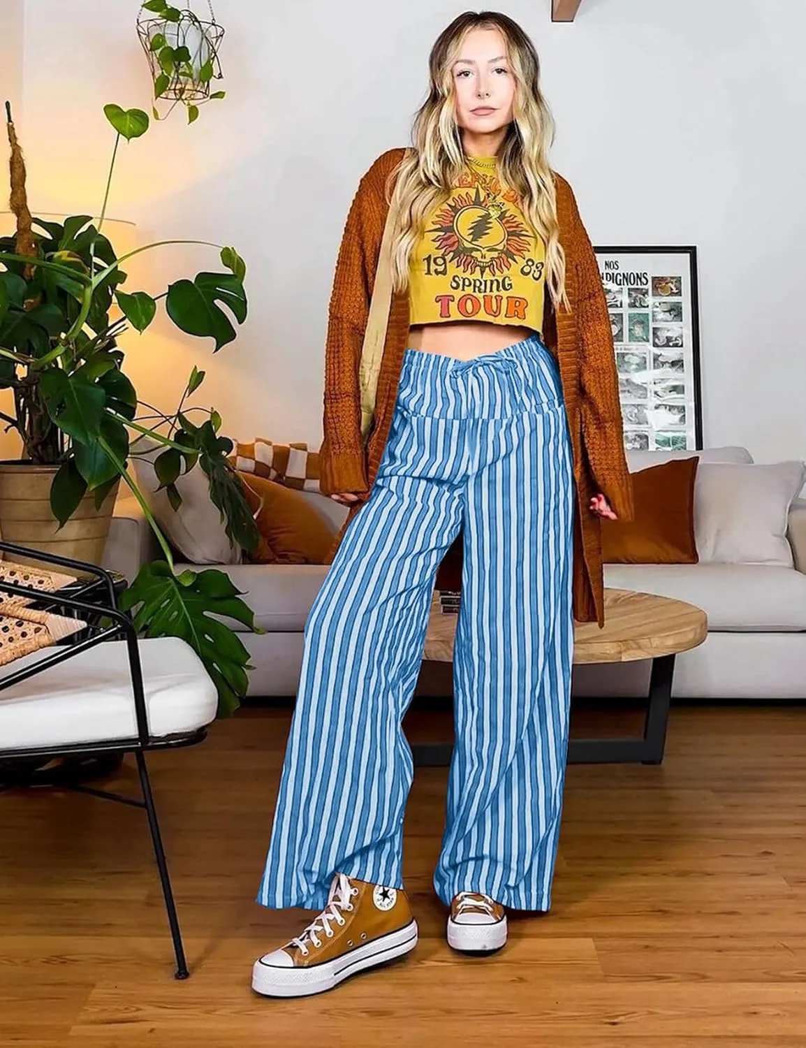 Kissonic Women Striped Pants Casual Drawstring Wide Leg Trousers Loose Lounge Pajama Pants with Pockets