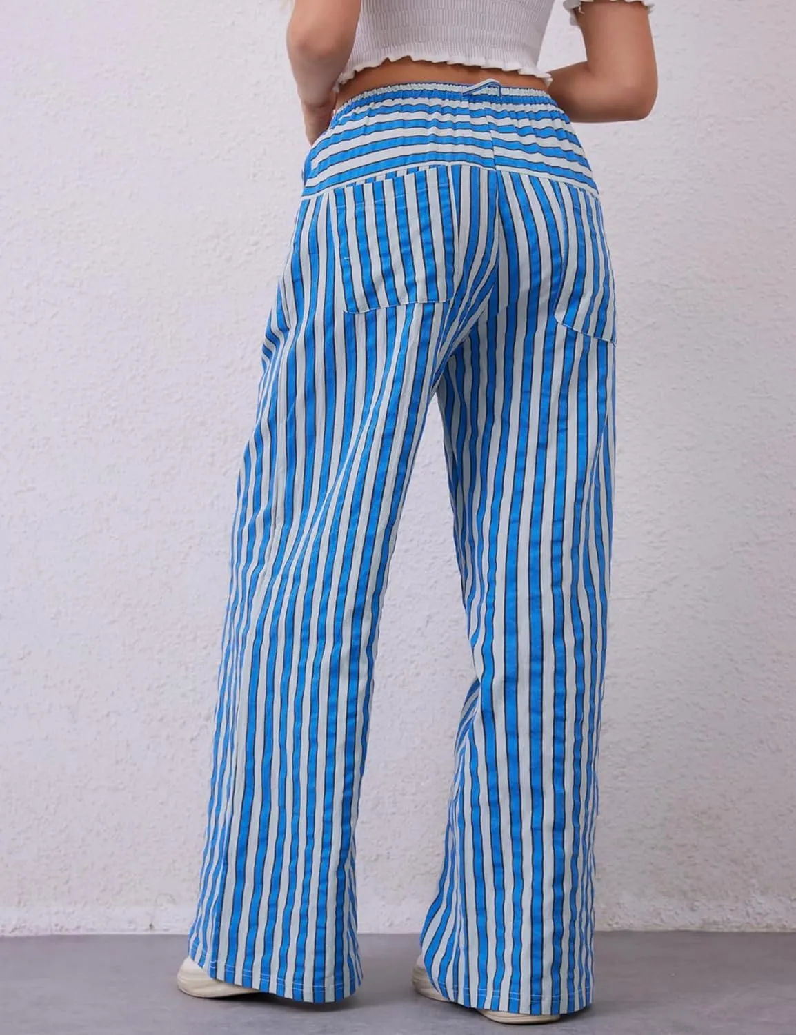 Kissonic Women Striped Pants Casual Drawstring Wide Leg Trousers Loose Lounge Pajama Pants with Pockets