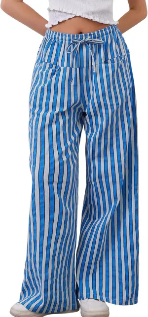 Kissonic Women Striped Pants Casual Drawstring Wide Leg Trousers Loose Lounge Pajama Pants with Pockets
