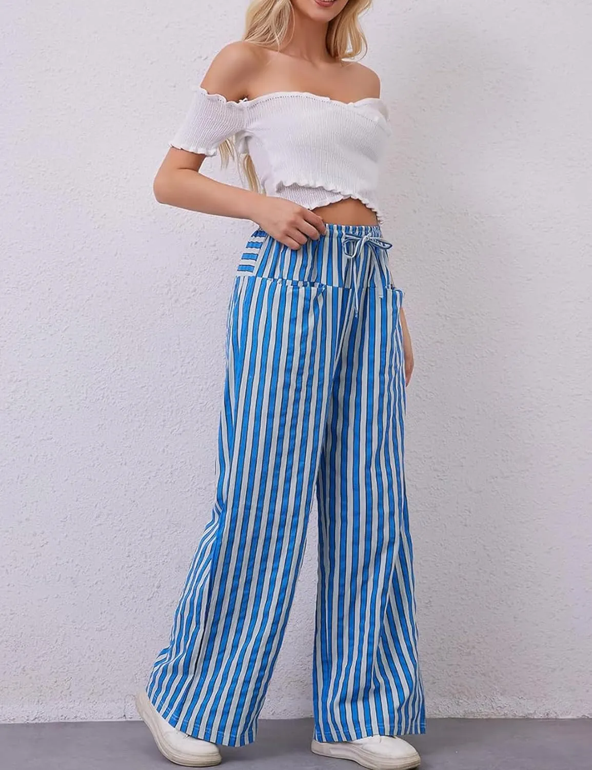 Kissonic Women Striped Pants Casual Drawstring Wide Leg Trousers Loose Lounge Pajama Pants with Pockets