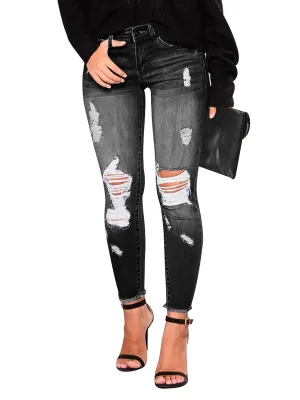 KUNMI Women's Ripped Skinny Slim Fit Jeans Frayed Distressed Stretchy Denim Pants