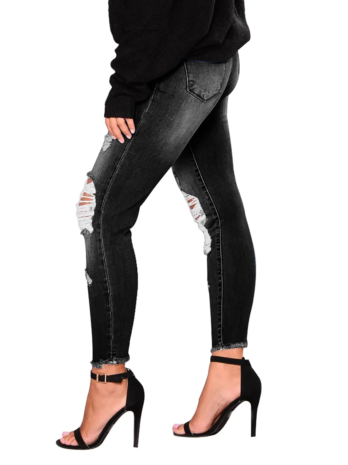 KUNMI Women's Ripped Skinny Slim Fit Jeans Frayed Distressed Stretchy Denim Pants