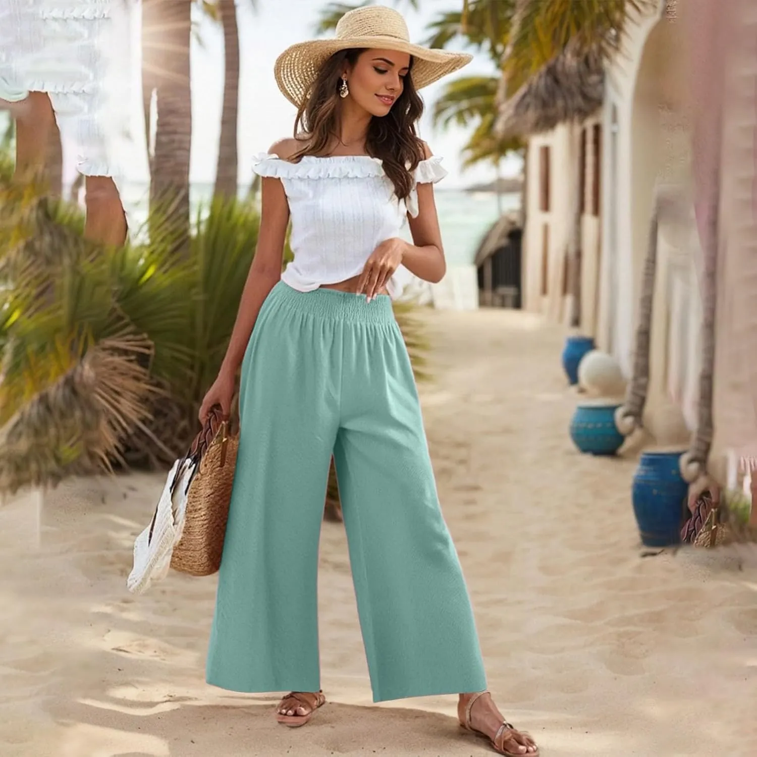 Linen Palazzo Pants for Women Casual Summer Smocked Elastic High Waisted Wide Leg Pants Loose Vacation Beach Trousers
