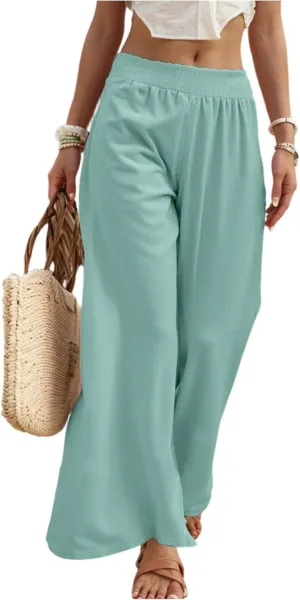 Linen Palazzo Pants for Women Casual Summer Smocked Elastic High Waisted Wide Leg Pants Loose Vacation Beach Trousers