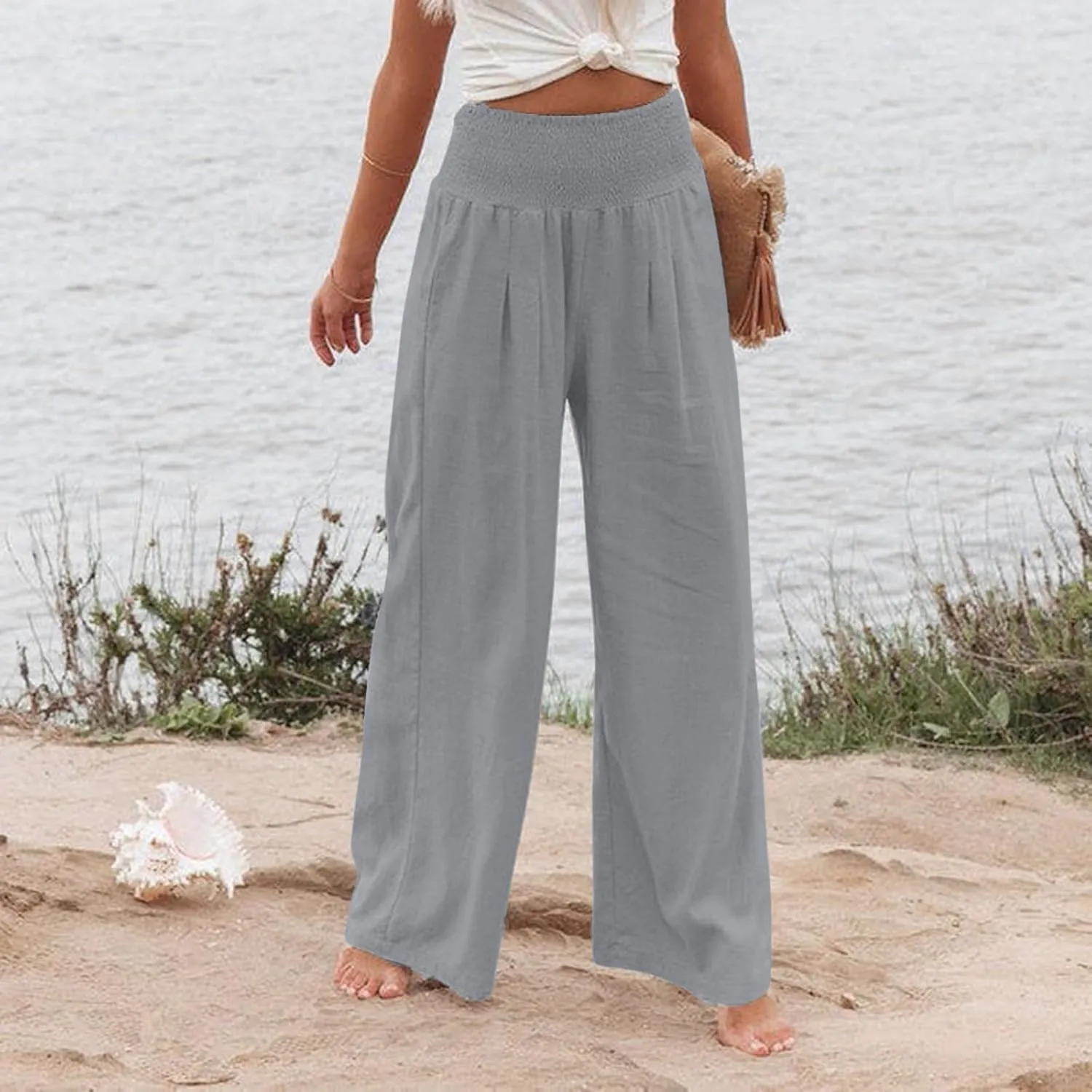 Linen Palazzo Pants Women 2025 Wide Leg Long Lounge Pant Summer High Waisted Loose Cotton Trousers with Pockets