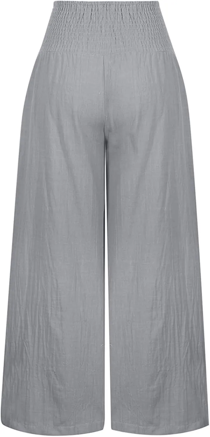 Linen Palazzo Pants Women 2025 Wide Leg Long Lounge Pant Summer High Waisted Loose Cotton Trousers with Pockets