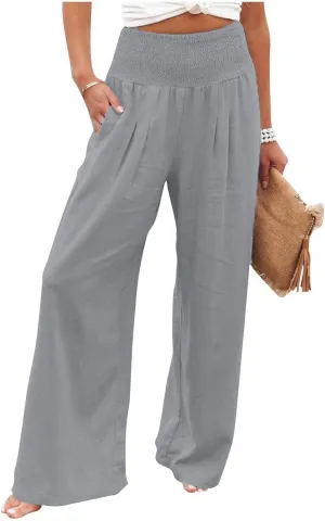 Linen Palazzo Pants Women 2025 Wide Leg Long Lounge Pant Summer High Waisted Loose Cotton Trousers with Pockets