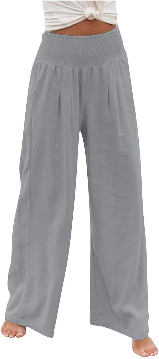 Linen Palazzo Pants Women 2025 Wide Leg Long Lounge Pant Summer High Waisted Loose Cotton Trousers with Pockets