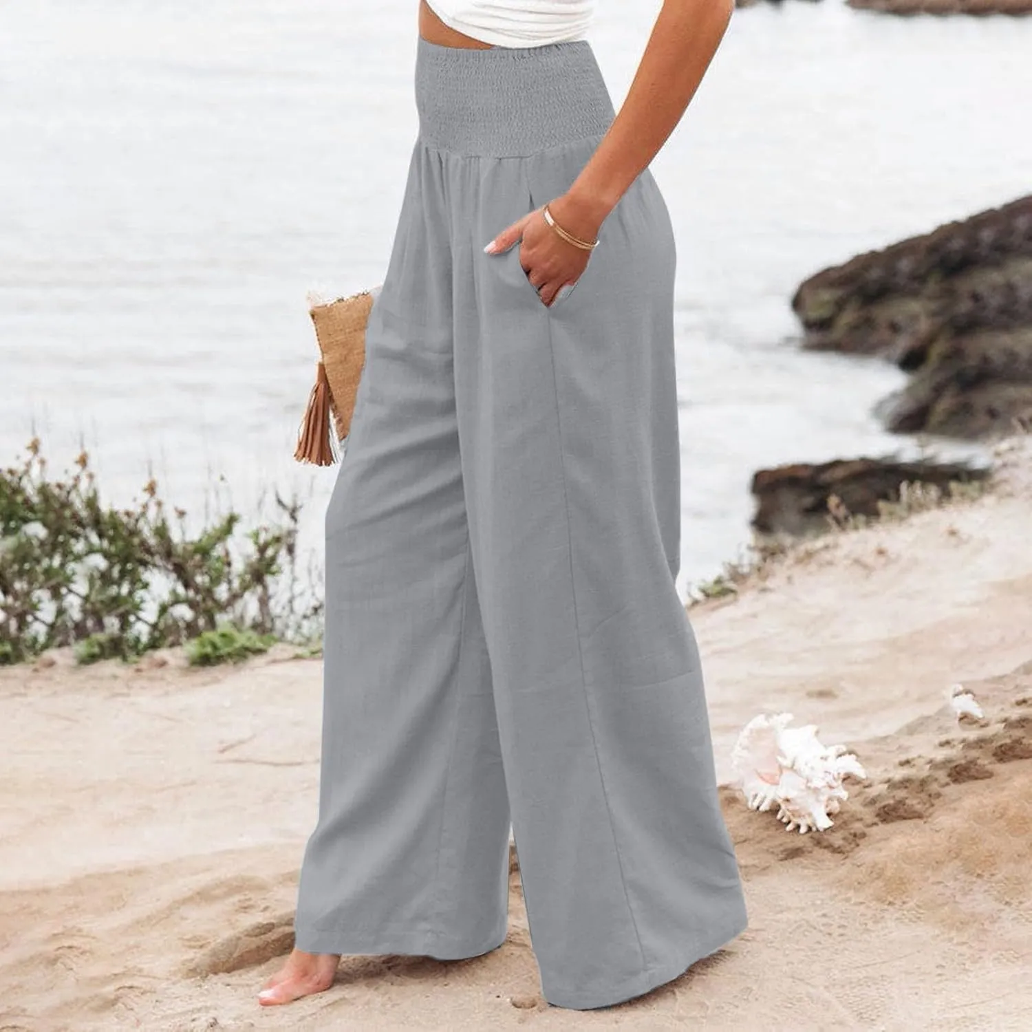 Linen Palazzo Pants Women 2025 Wide Leg Long Lounge Pant Summer High Waisted Loose Cotton Trousers with Pockets