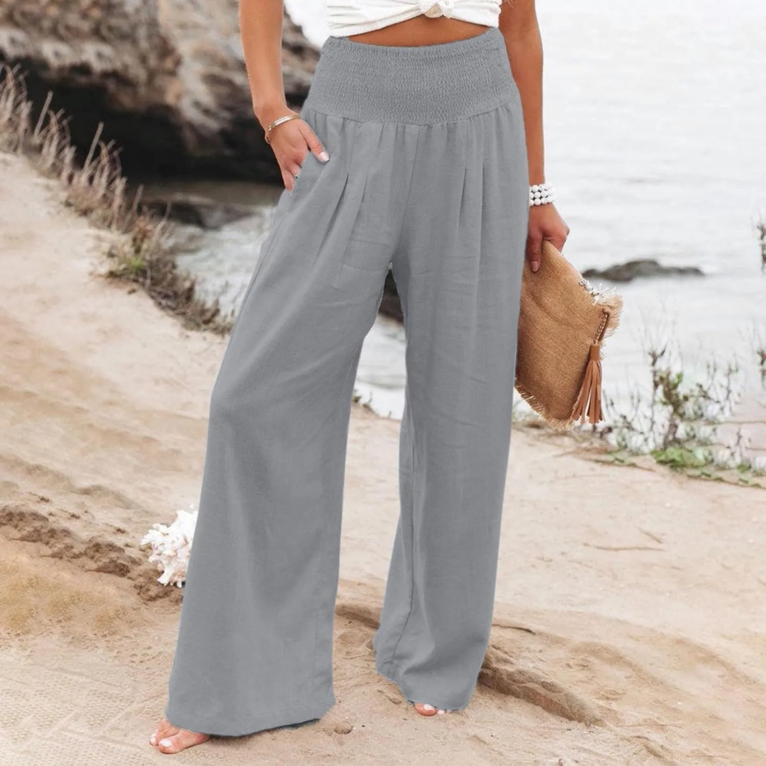 Linen Palazzo Pants Women 2025 Wide Leg Long Lounge Pant Summer High Waisted Loose Cotton Trousers with Pockets