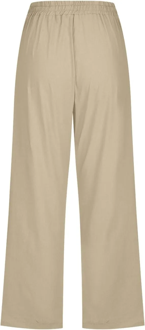 Linen Pants Cropped Pants Cotton Elastic Waist Straight Leg Trousers Casual Summer Beach Lounge Trousers