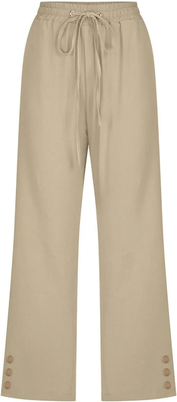 Linen Pants Cropped Pants Cotton Elastic Waist Straight Leg Trousers Casual Summer Beach Lounge Trousers