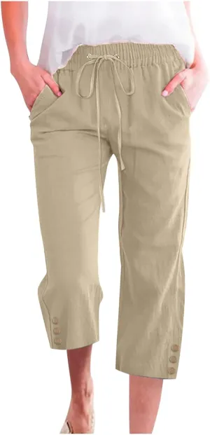 Linen Pants Cropped Pants Cotton Elastic Waist Straight Leg Trousers Casual Summer Beach Lounge Trousers