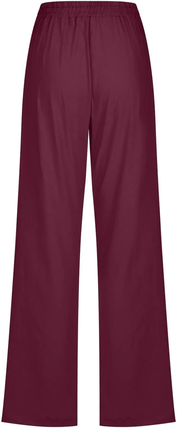 Linen Pants for Women 2024 Summer Trendy Drawstring Elastic Waist Wide Leg Straight Casual Work Trousers with Pockets