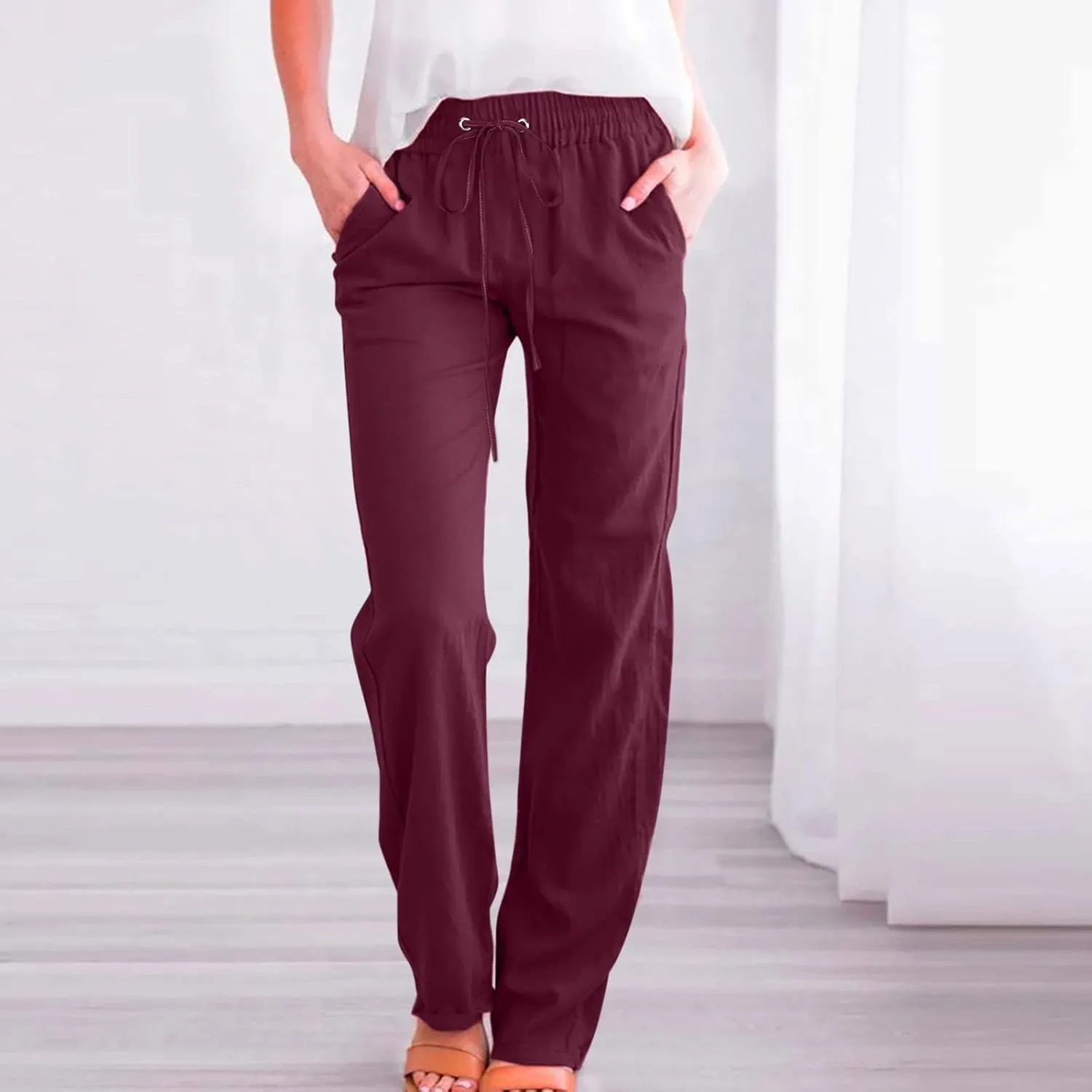 Linen Pants for Women 2024 Summer Trendy Drawstring Elastic Waist Wide Leg Straight Casual Work Trousers with Pockets