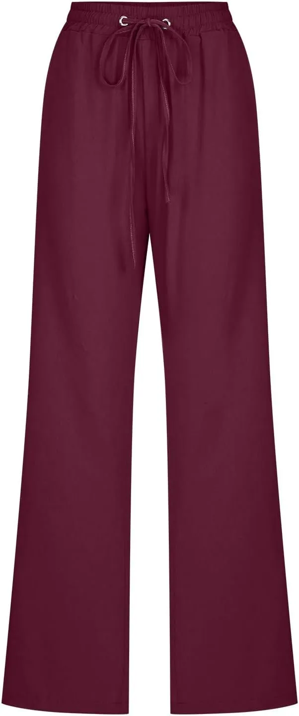 Linen Pants for Women 2024 Summer Trendy Drawstring Elastic Waist Wide Leg Straight Casual Work Trousers with Pockets