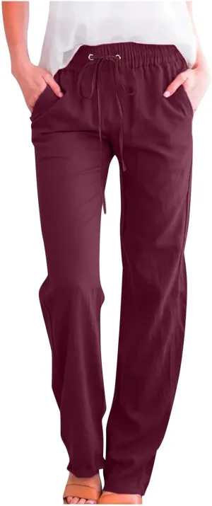 Linen Pants for Women 2024 Summer Trendy Drawstring Elastic Waist Wide Leg Straight Casual Work Trousers with Pockets