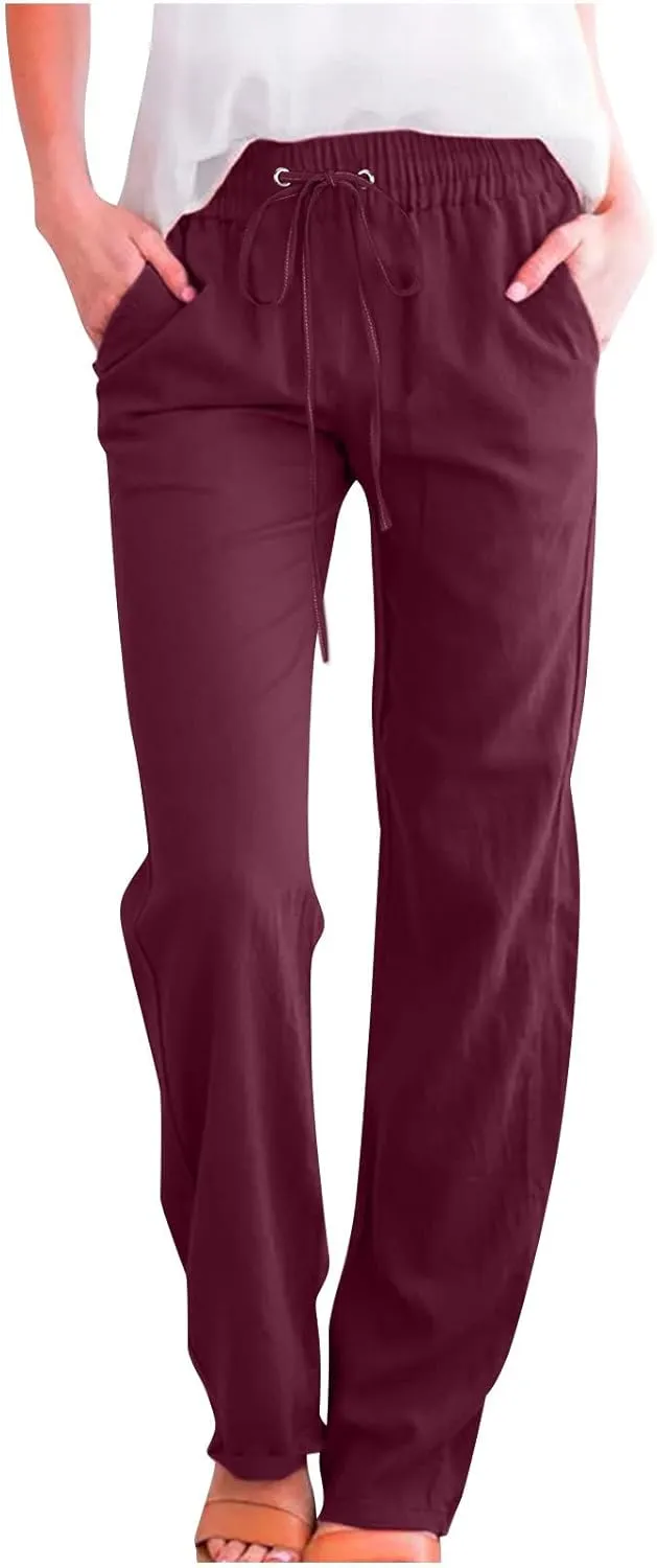 Linen Pants for Women 2024 Summer Trendy Drawstring Elastic Waist Wide Leg Straight Casual Work Trousers with Pockets