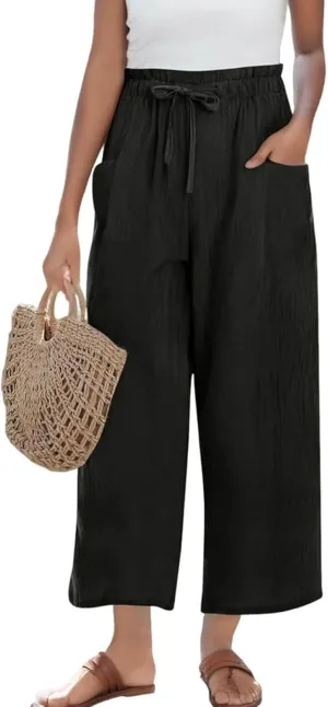 Linen Pants for Women 2025 Wide Leg Cropped Pants High Waisted Summer Casual Cotton Palazzo Trousers with Pockets