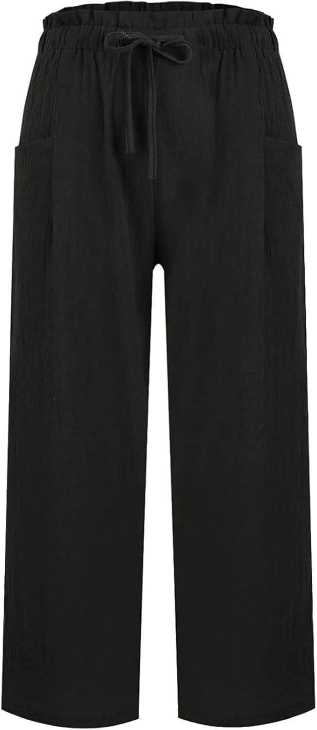 Linen Pants for Women 2025 Wide Leg Cropped Pants High Waisted Summer Casual Cotton Palazzo Trousers with Pockets