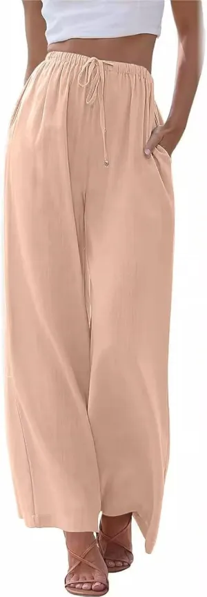 Linen Pants Women Casual Summer Wide Leg Pant 2024 Drawstring High Waist Palazzo Pant with Pockets, Small-X-Large
