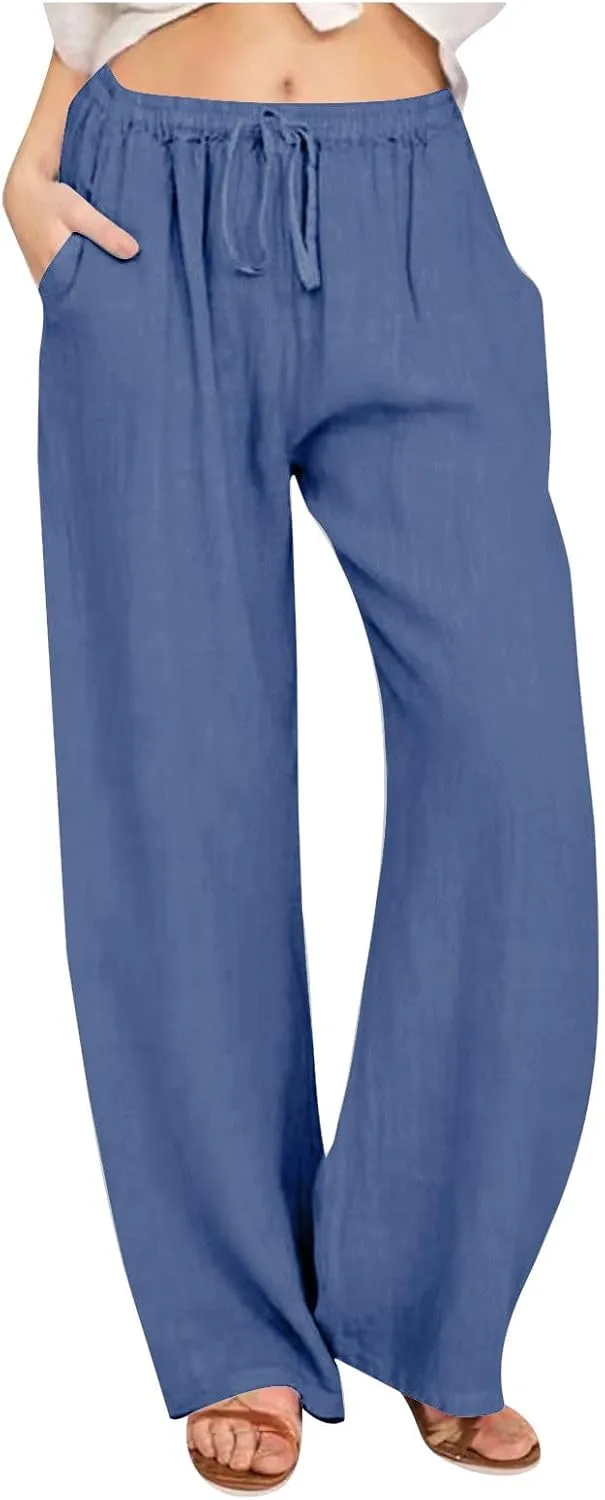Linen Pants Women Summer High Waist Drawstring Elastic Lightweight Flowy Wide Leg Palazzo Pants Lounge Trousers