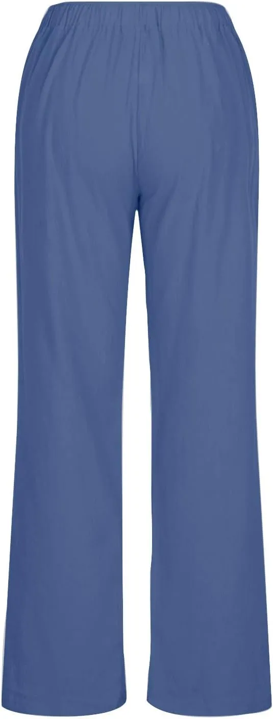 Linen Pants Women Summer High Waist Drawstring Elastic Lightweight Flowy Wide Leg Palazzo Pants Lounge Trousers