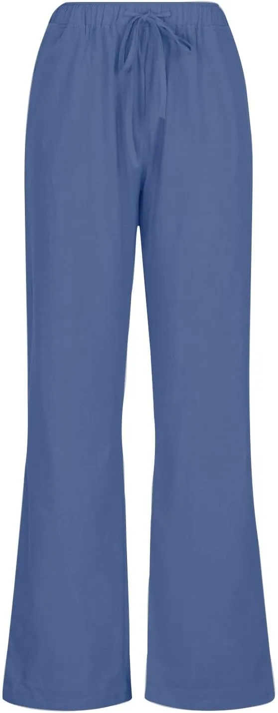 Linen Pants Women Summer High Waist Drawstring Elastic Lightweight Flowy Wide Leg Palazzo Pants Lounge Trousers