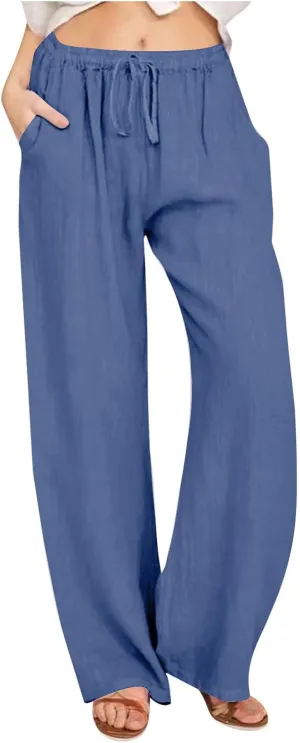 Linen Pants Women Summer High Waist Drawstring Elastic Lightweight Flowy Wide Leg Palazzo Pants Lounge Trousers