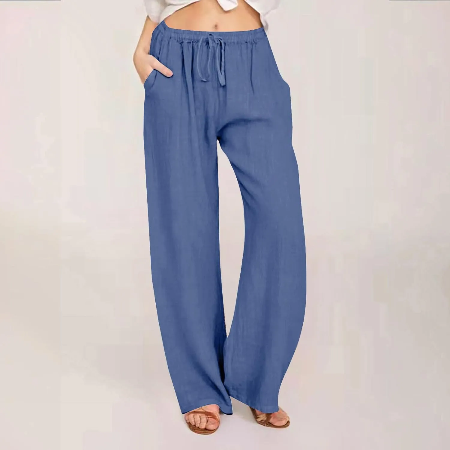 Linen Pants Women Summer High Waist Drawstring Elastic Lightweight Flowy Wide Leg Palazzo Pants Lounge Trousers