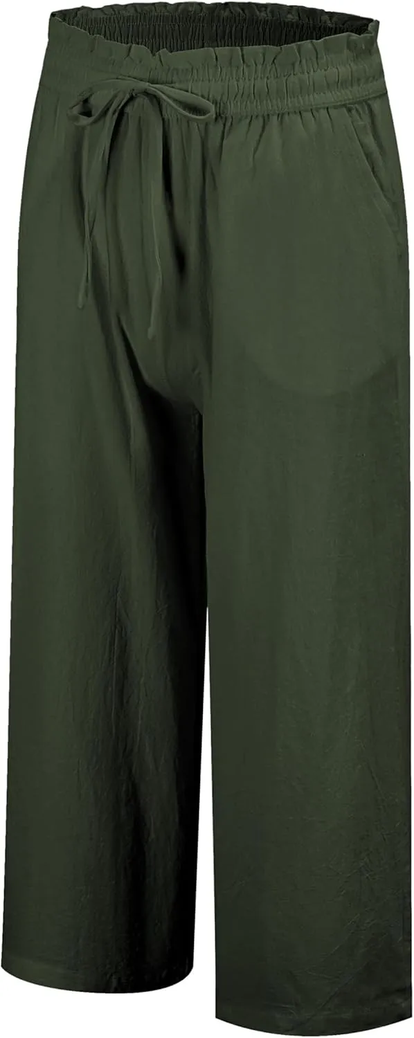 LNX Womens Linen Pants High Waisted Wide Leg Drawstring Casual Loose Trousers with Pockets